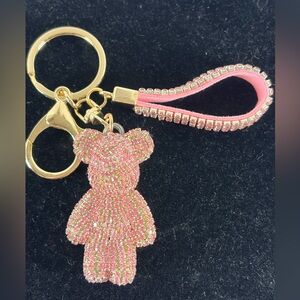 Pink Rhinestone Bear Keychain with Gold Accents